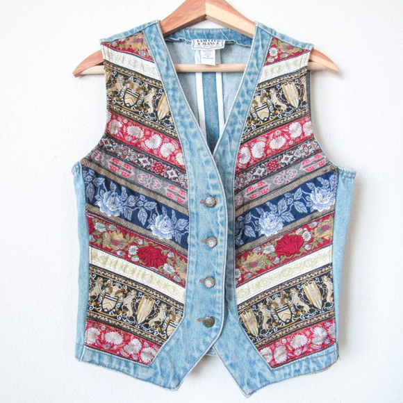Vintage LIMITED TOO Jackets & Blazers - VTG Rare Patchwork Denim + Silk Vest Jewel Tones M